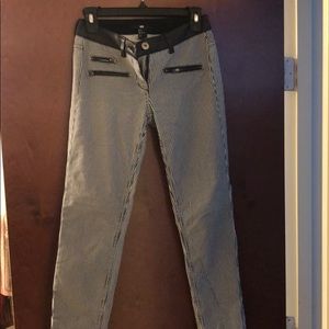 H&M blue pinstripe pants with black leather waist